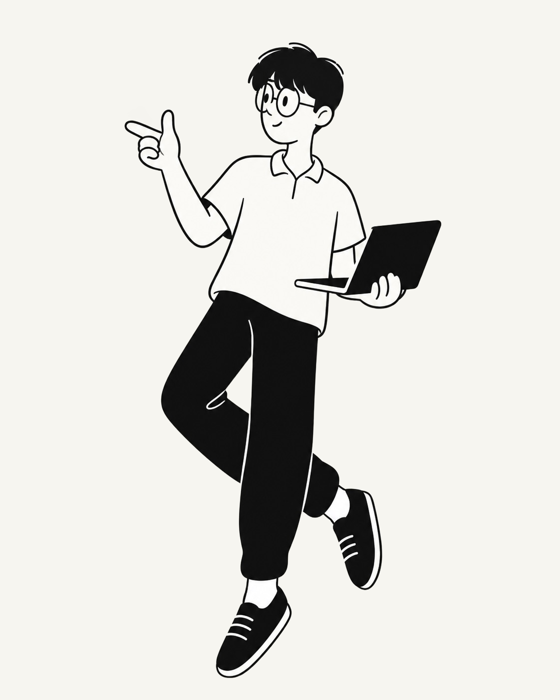 Black-and-white line illustration of Ryan smiling while holding a laptop